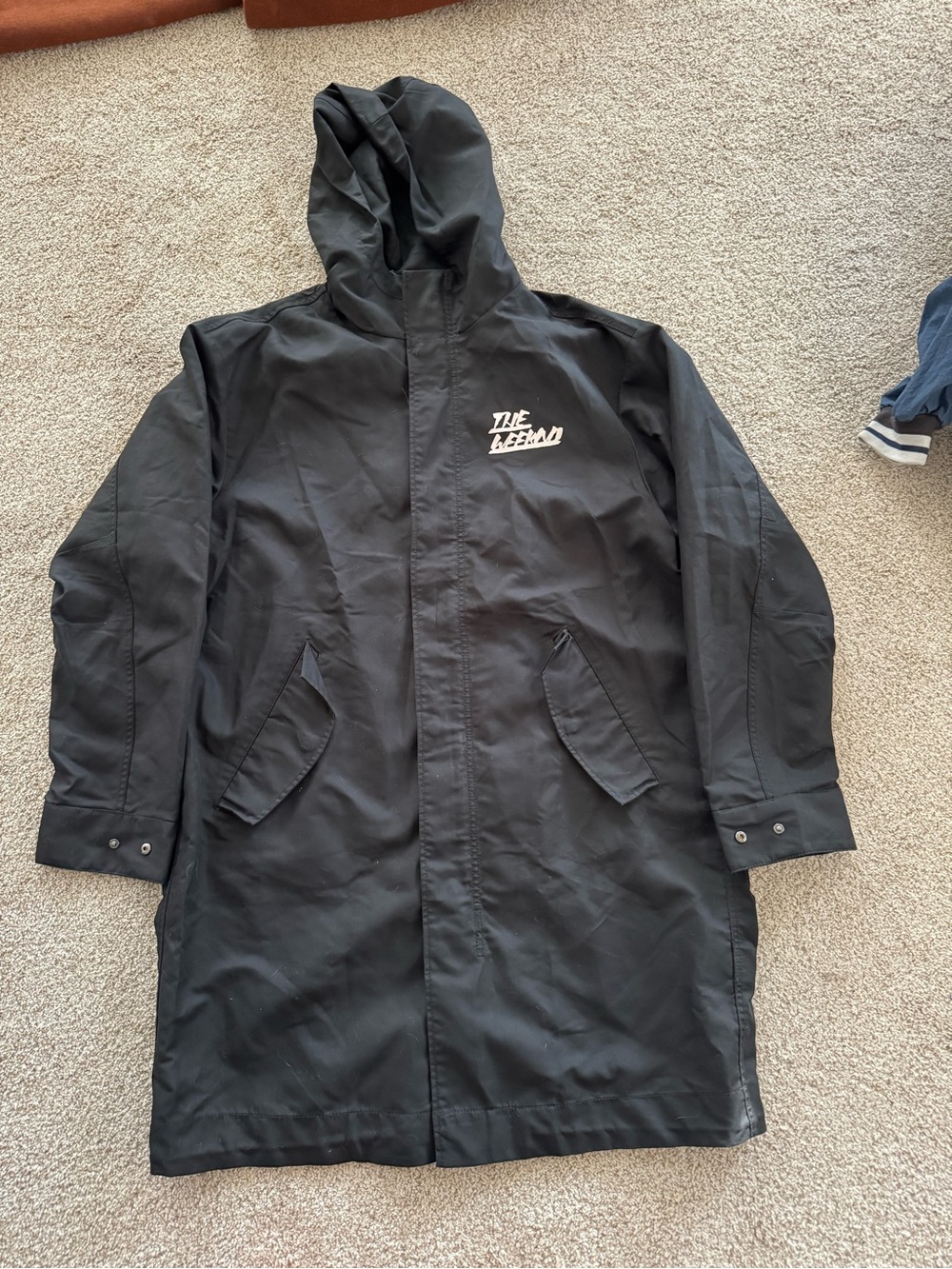 XO x H&M Black Hooded Long Raincoat with Chest Logo The Weeknd